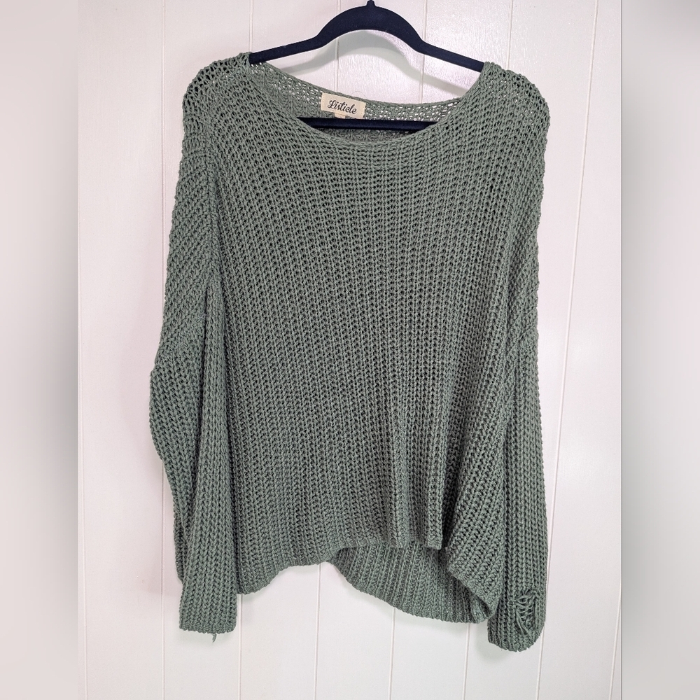 Listicle Green Tattered Sage Knit Sweater